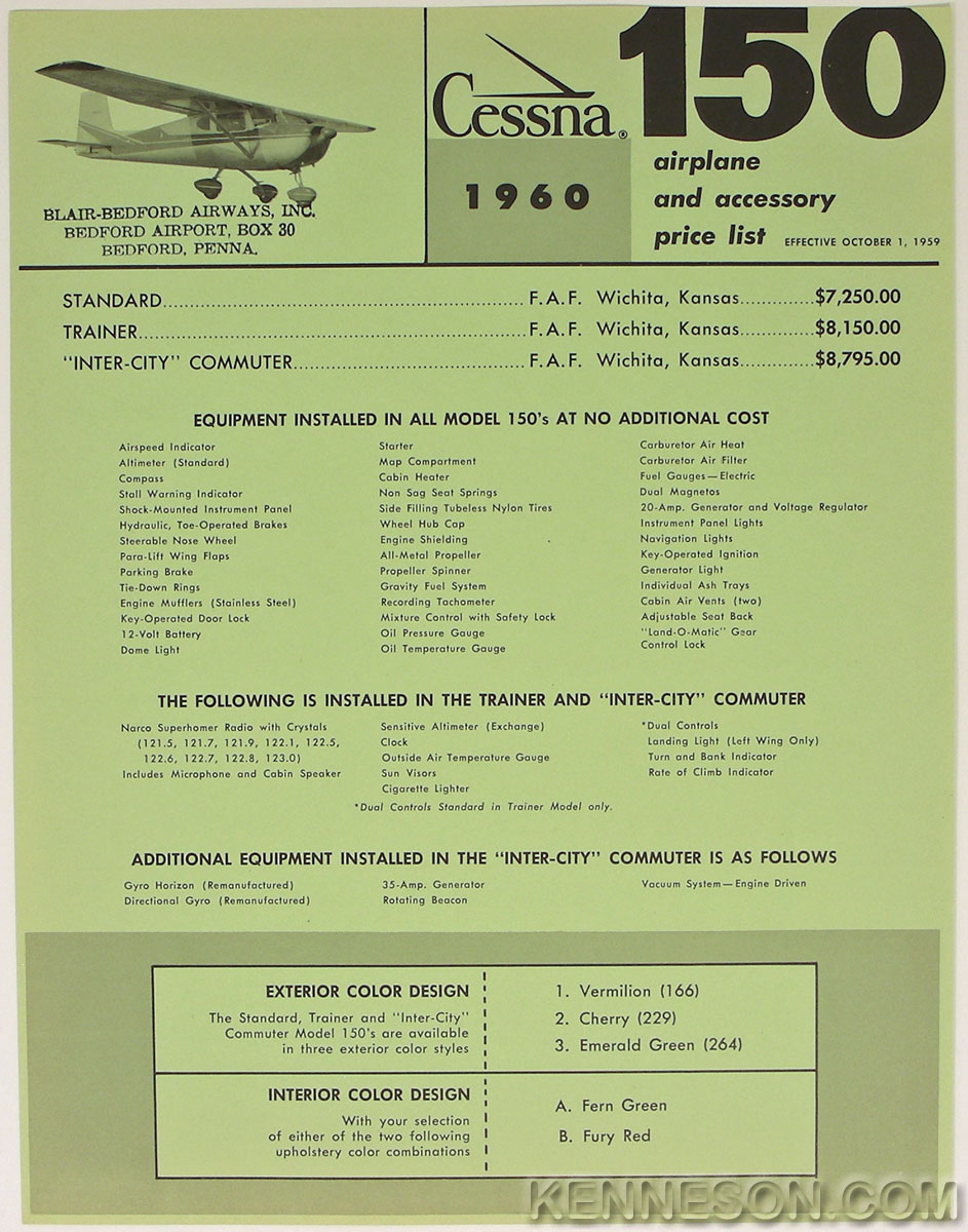 Cessna Aircraft 150 1960 Trainer Airplane and Accessory Price List